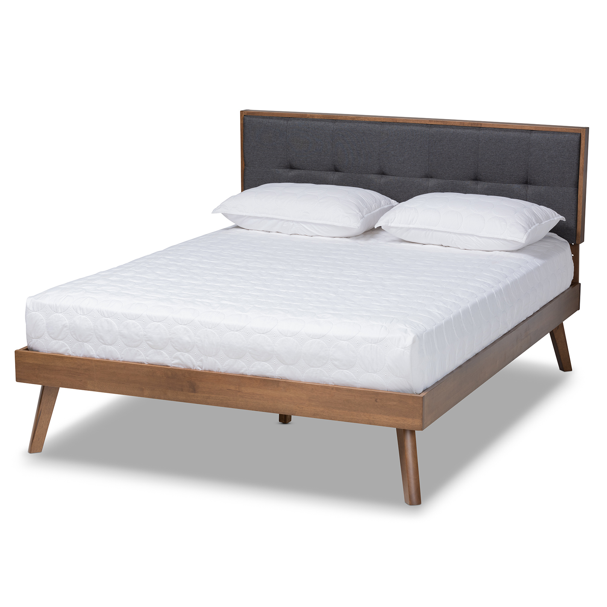 Baxton Studio Alke Mid-Century Modern Dark Grey Fabric Upholstered Walnut Brown Finished Wood King Size Platform Bed